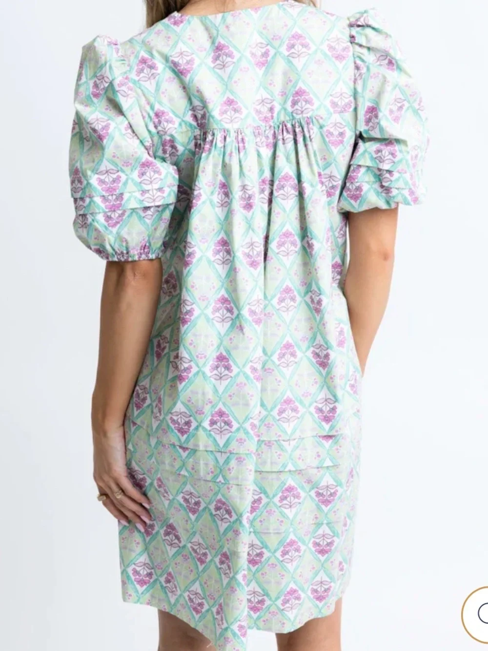 Karlie Paris print Mint & Pink Diamond-Print Puff-Sleeve Tunic Dress